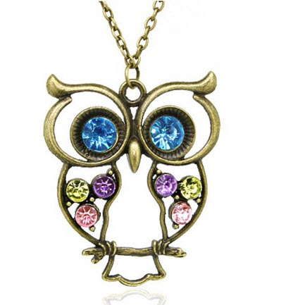 Vintage, Retro Colorful Crystal Owl Pendant and Long Chain Necklace with Antiqued Bronze Brass Finish